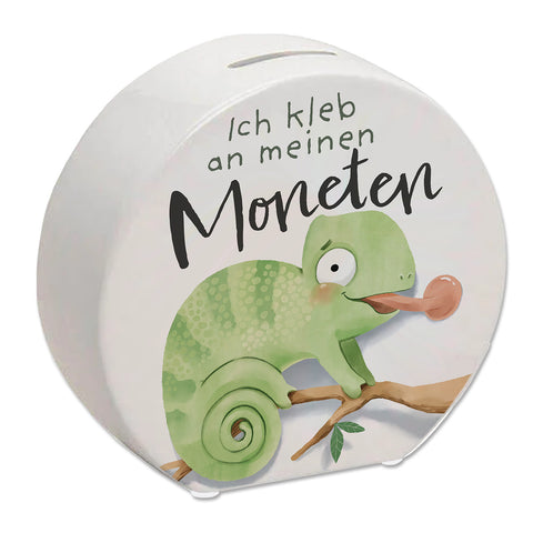 Chamäleon Spardose mit Spruch Ich kleb an meinen Moneten