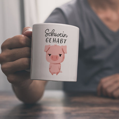 Ferkel Kaffeebecher mit Spruch Schwein gehabt