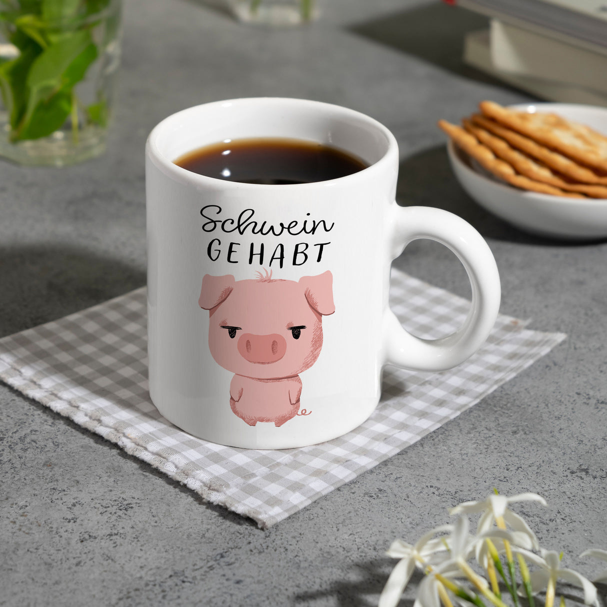 Ferkel Kaffeebecher mit Spruch Schwein gehabt