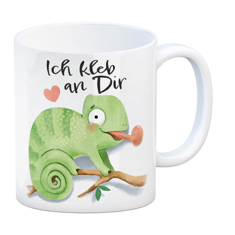 Chamäleon Kaffeebecher mit Spruch Ich kleb an dir