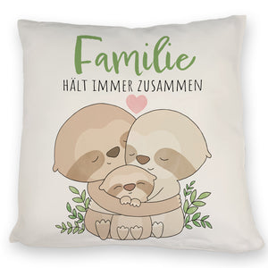 Faultier Kissen mit Spruch Familie hält immer zusammen