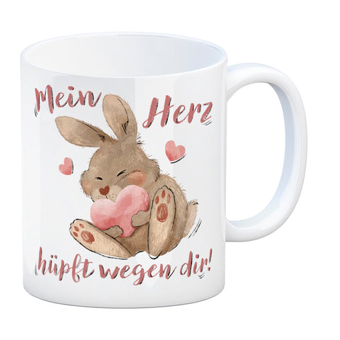 Hase Kaffeebecher mit Spruch Mein Herz hüpft wegen dir