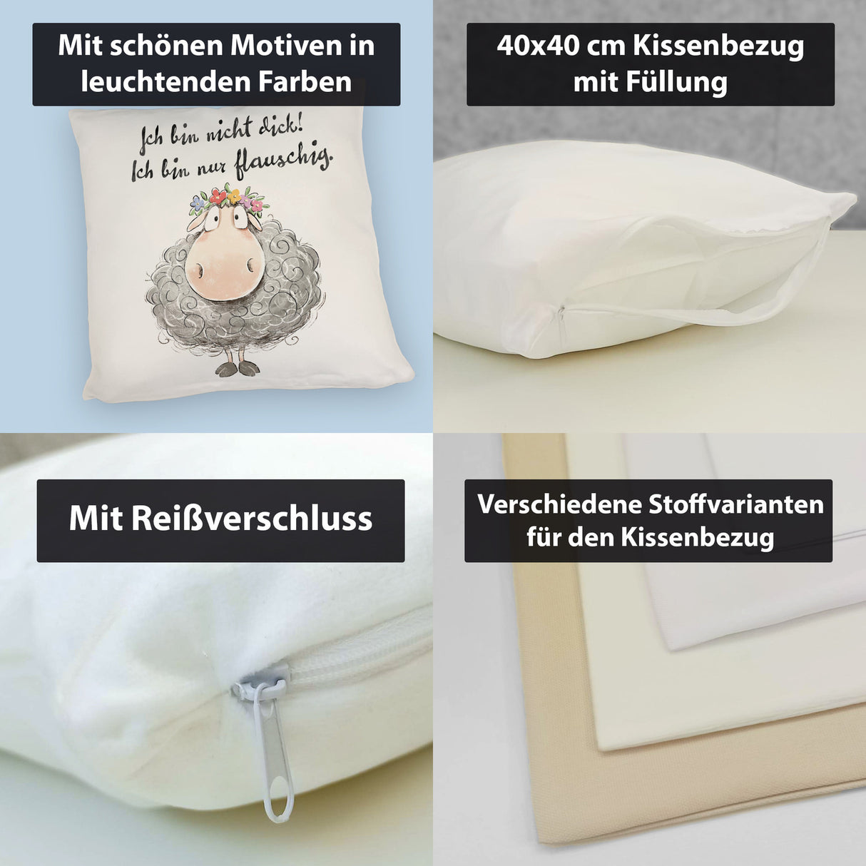 Schaf Kissen mit Spruch Nicht dick nur flauschig