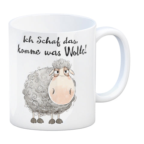 Schaf Kaffeebecher mit Spruch Ich Schaf das komme was Wolle