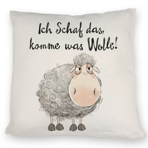 Schaf Kissen mit Spruch Ich Schaf das komme was Wolle