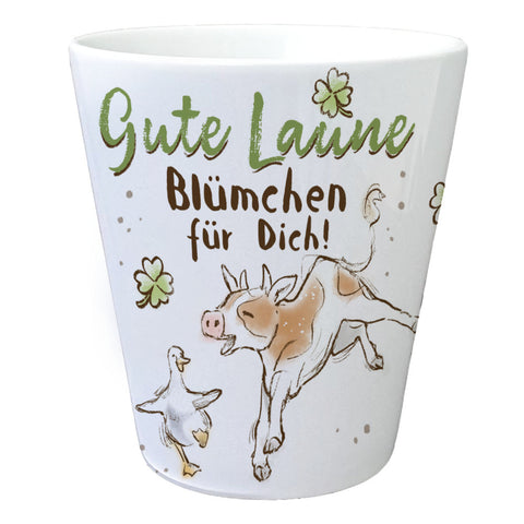 Kuh und Gans Blumentopf mit Spruch Gute Laune Blümchen für dich