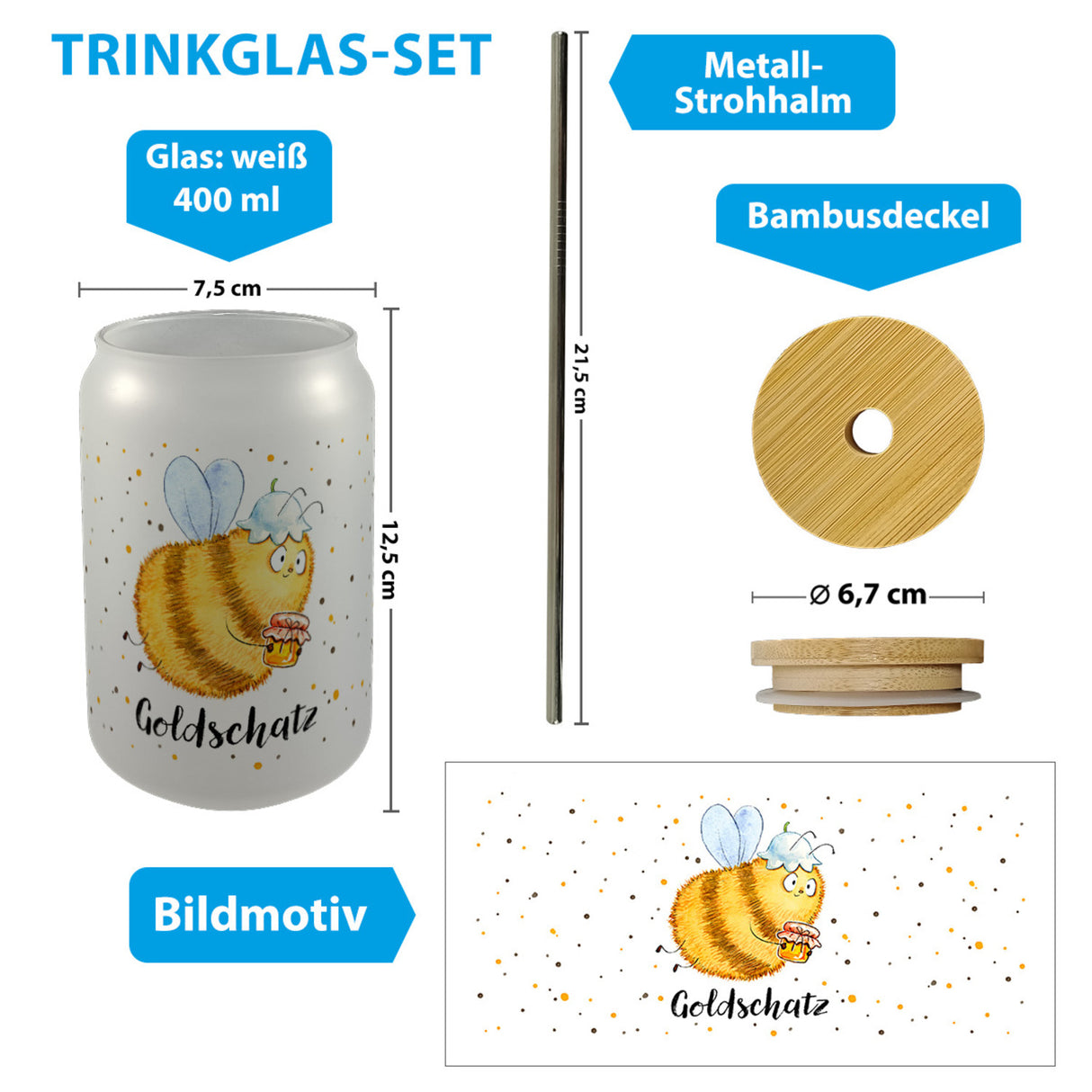 Pummel Biene Trinkglas mit Bambusdeckel mit Spruch Goldschatz