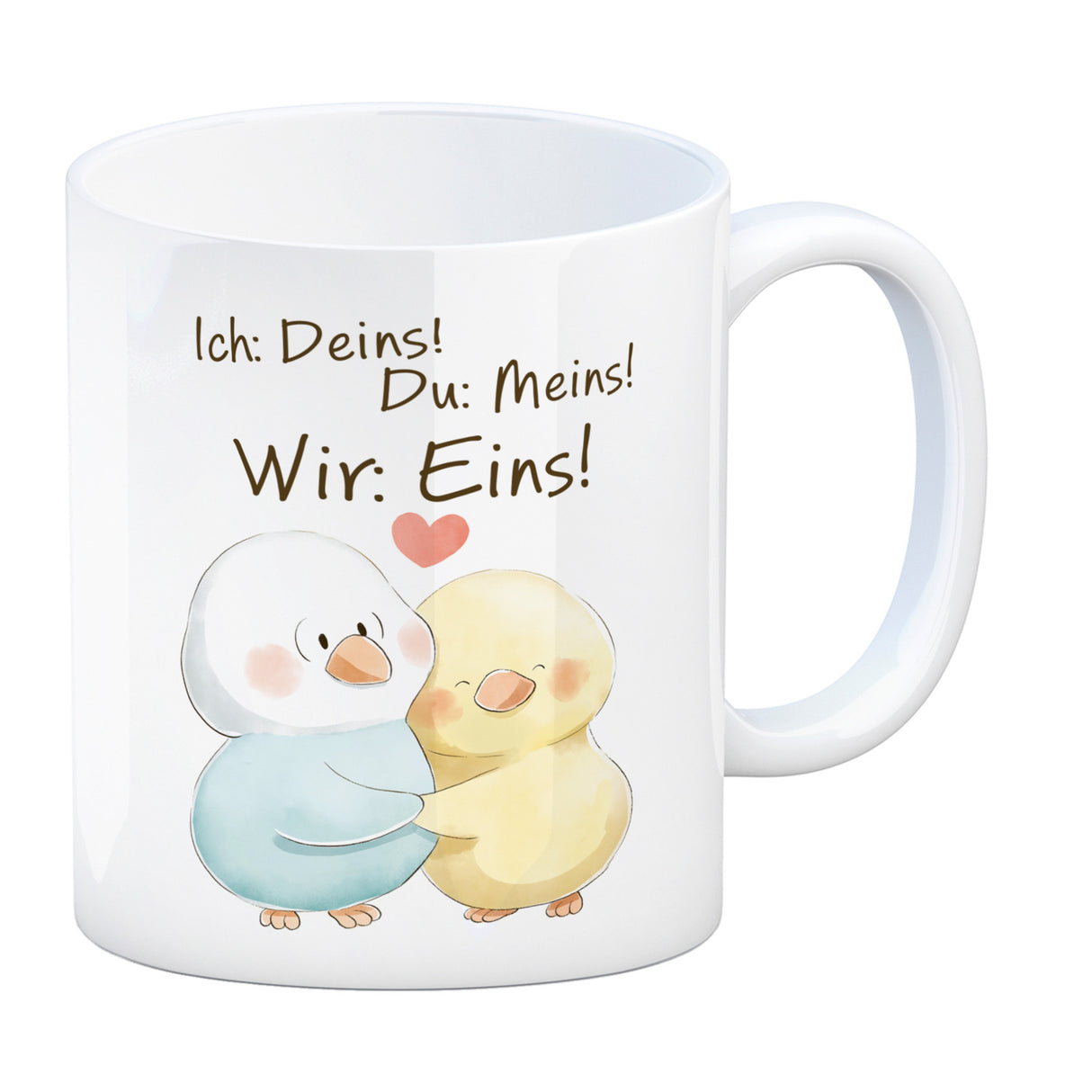 Vogelpaar Kaffeebecher mit Spruch Ich Deins Du Meins Wir Eins