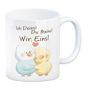 Vogelpaar Kaffeebecher mit Spruch Ich Deins Du Meins Wir Eins