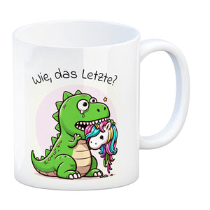 T-Rex Dinosaurier frisst Einhorn Kaffeebecher mit Spruch Wie das Letzte?