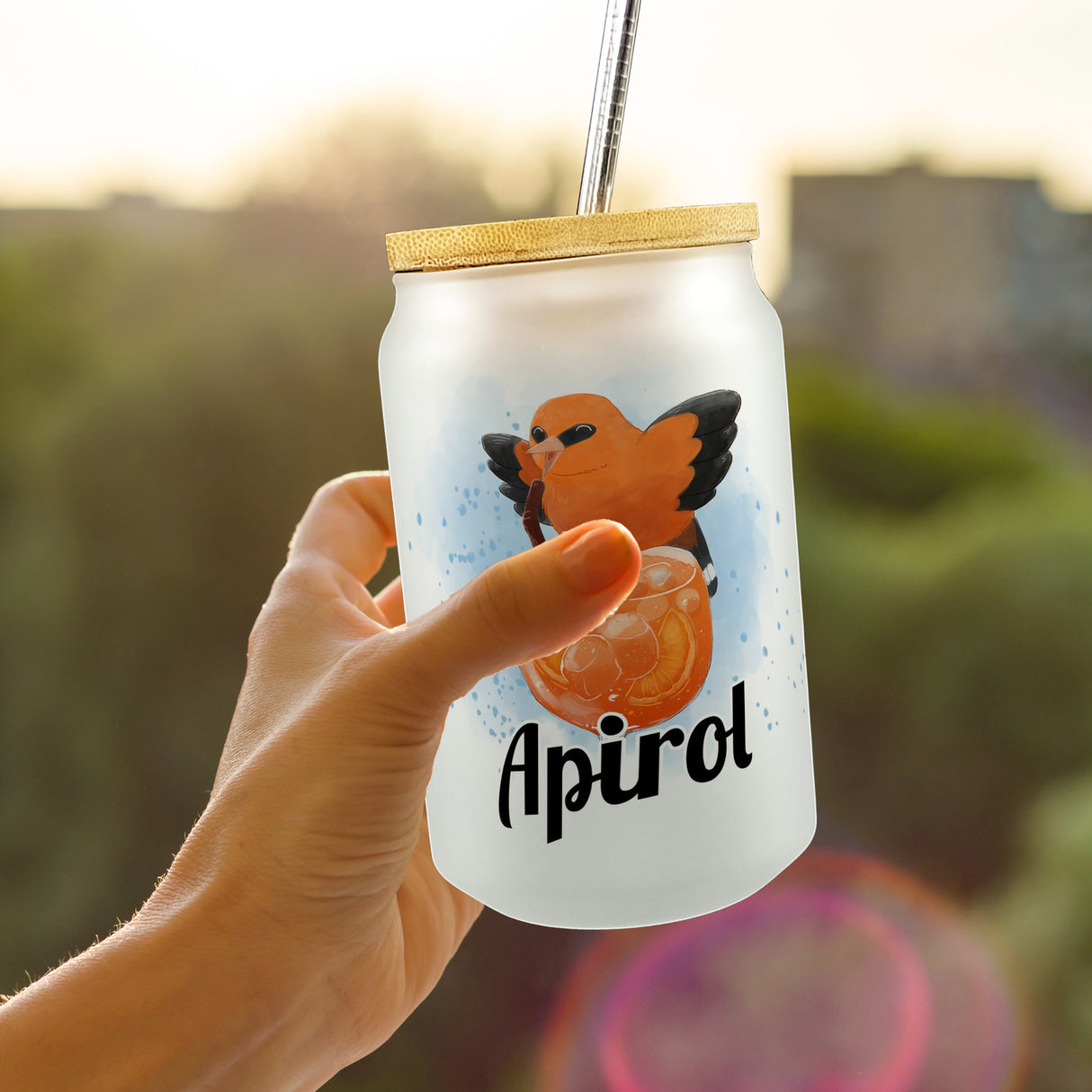 Cocktail Vogel Pirol Trinkglas mit Bambusdeckel mit Spruch Apirol