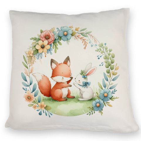 Fuchs und Hase mit Blumenkranz Kissen