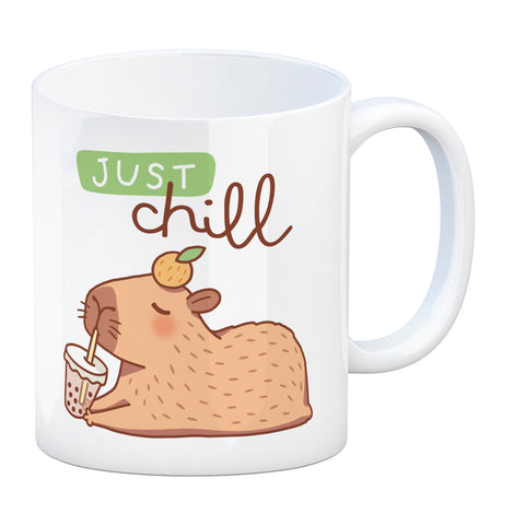 Capybara mit Bubble Tea Kaffeebecher mit Spruch Just Chill