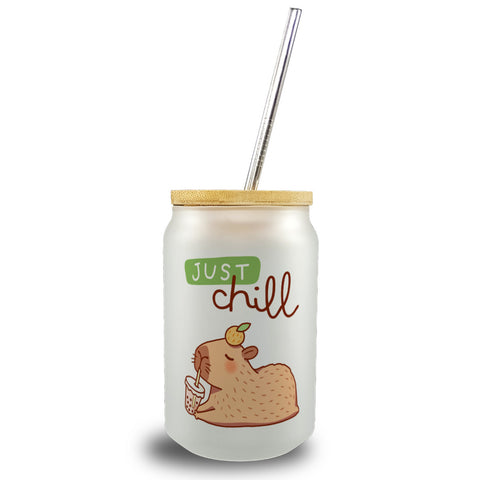 Capybara mit Bubble Tea Trinkglas mit Bambusdeckel mit Spruch Just Chill
