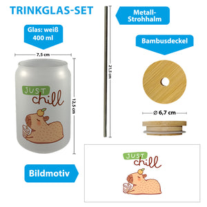 Capybara mit Bubble Tea Trinkglas mit Bambusdeckel mit Spruch Just Chill
