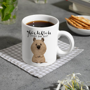 Quokka Kaffeebecher mit Spruch Glücklich steht dir gut