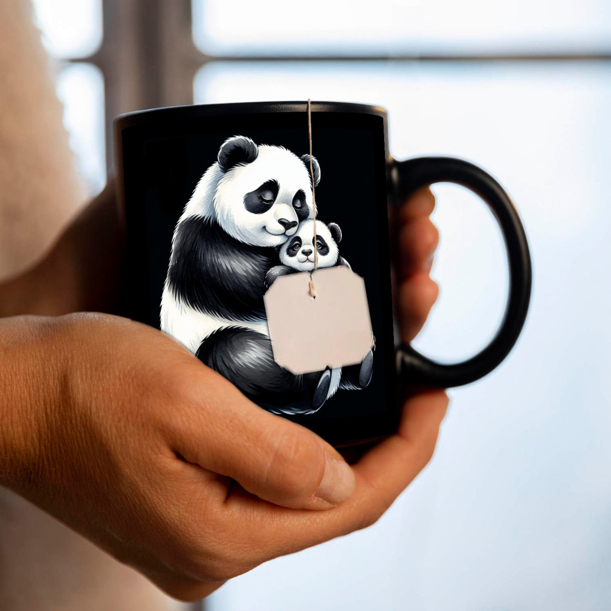 Pandabär Mama mit kleinem Panda Baby Tasse schwarz in Schwarz