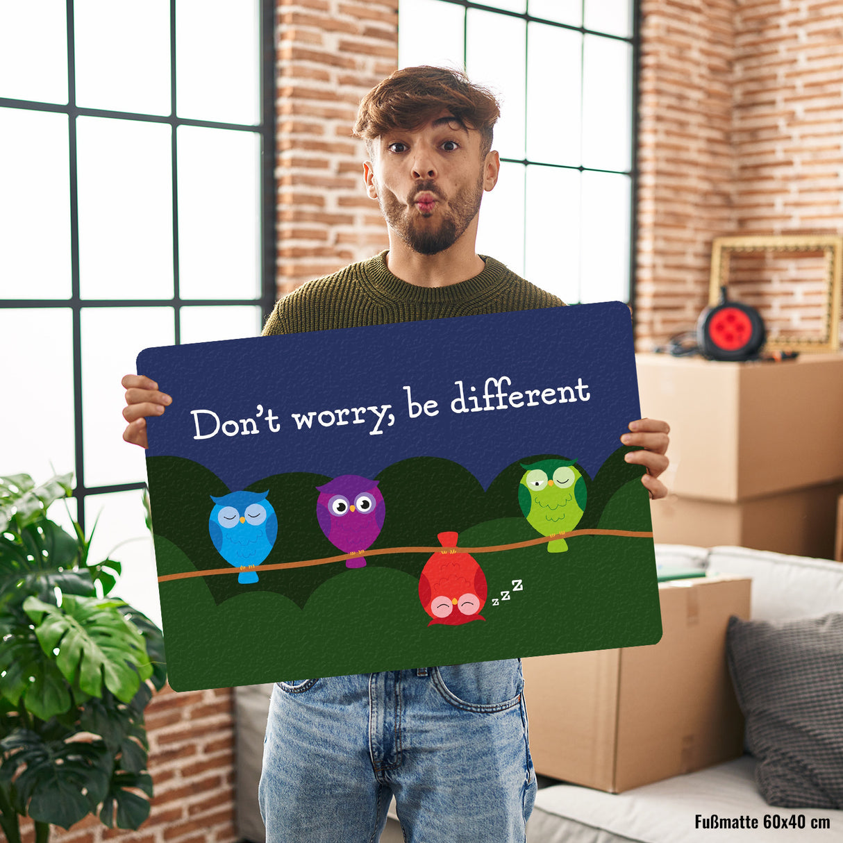 Eule Fußmatte in 35x50 cm ohne Rand mit Spruch Dont worry be different