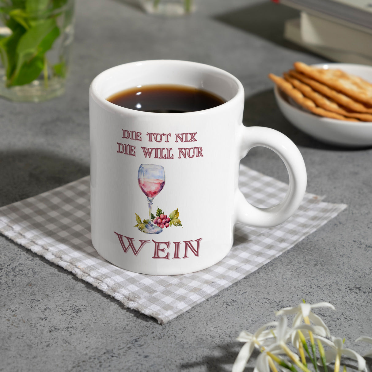 Wein Kaffeebecher mit Spruch Die tut nix die will nur Wein