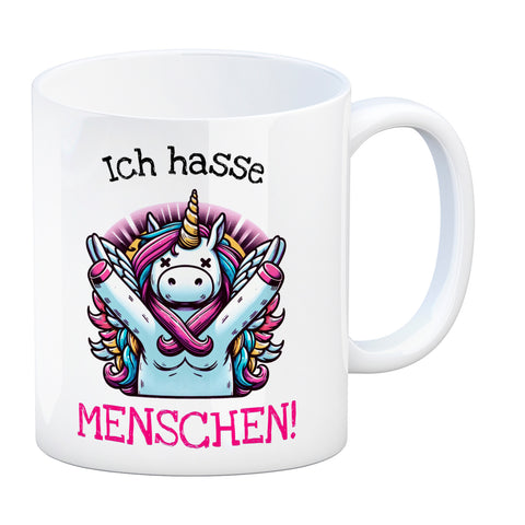 Einhorn Kaffeebecher mit Spruch Ich hasse Menschen!