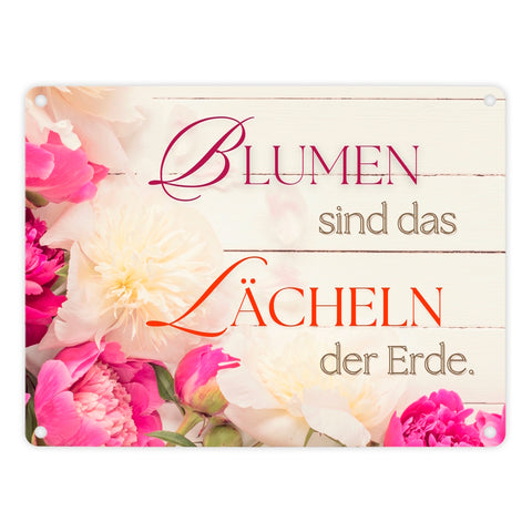 Blumen Metallschild in 15x20 cm mit Spruch Blumen sind das Lächeln der Erde