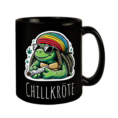 Schildkröte Rastafari Tasse schwarz in Schwarz mit Spruch Chillkröte