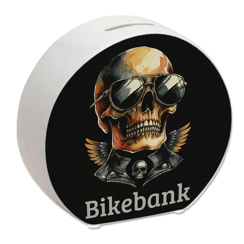 Rocker Totenkopf Spardose mit Spruch Bikebank