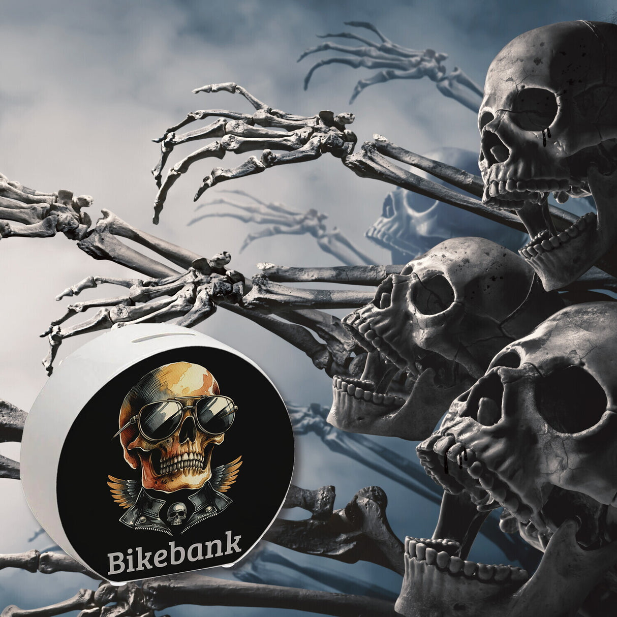 Rocker Totenkopf Spardose mit Spruch Bikebank