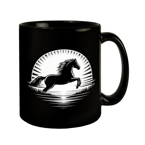 Springendes Pferd im Sonnenaufgang Tasse schwarz in Schwarz