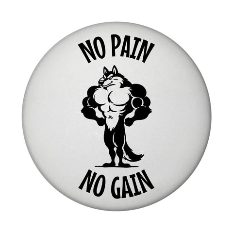 Muskulöser Fitness-Wolf Magnet rund rund mit Spruch NO PAIN NO GAIN