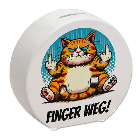 Katze Mittelfinger Spardose mit Spruch Finger weg!