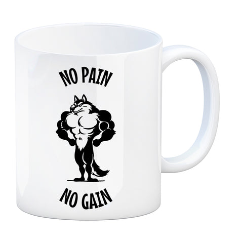 Muskulöser Fitness-Wolf Kaffeebecher mit Spruch NO PAIN NO GAIN