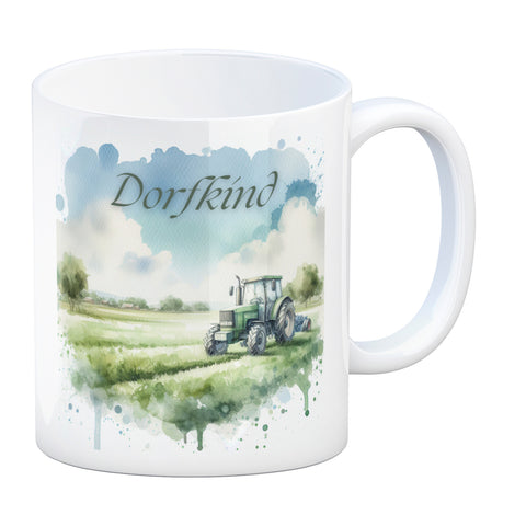 Grüner Traktor auf der Wiese Dorfkind Kaffeebecher