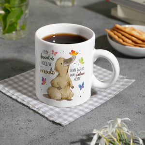 Schnabeltier Kaffeebecher mit Spruch Lebe bunt und freudig