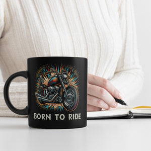 Chopper-Motorrad Tasse in Schwarz mit Spruch Born to Ride