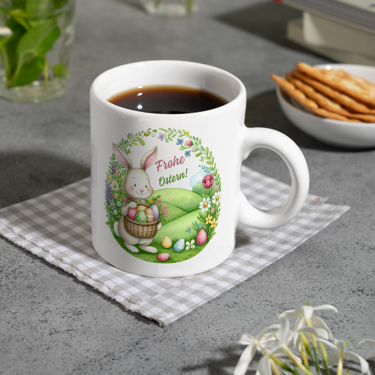 Osterhase Kaffeebecher mit Spruch Frohe Ostern