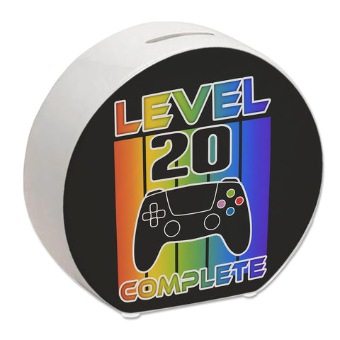 20. Geburtstag Gamer Spardose mit Spruch Level 20 complete