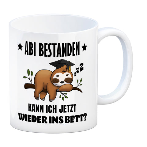 Faultier Abitur Kaffeebecher mit Spruch Abi geschafft zurück ins Bett