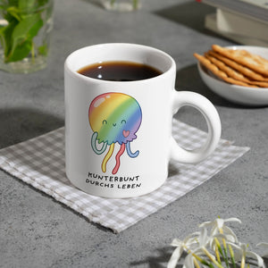 Jelly & Friends Regenbogen-Qualle Kaffeebecher mit Spruch Kunterbunt durchs Leben