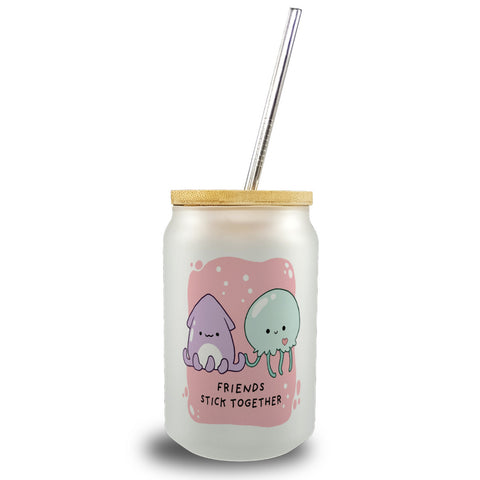 Jelly & Friends Trinkglas mit Bambusdeckel mit Spruch Friends stick together
