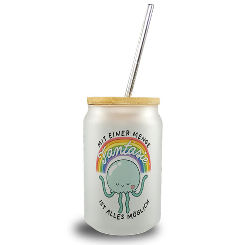 Jelly & Friends Qualle Trinkglas mit Bambusdeckel mit Spruch Mit Fantasie ist alles möglich