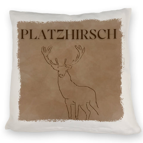Hirsch Kissen mit Spruch Platzhirsch in braun