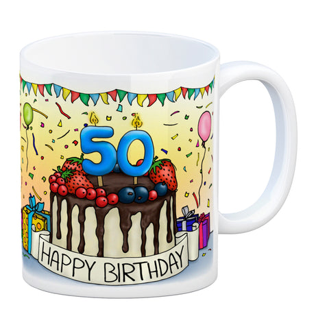 50. Geburtstag Tasse mit Kuchen und Geschenk und Anhänger: zum 18263. Tag