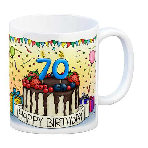 70. Geburtstag Tasse mit Kuchen und Geschenk und Anhänger: zum 25568. Tag