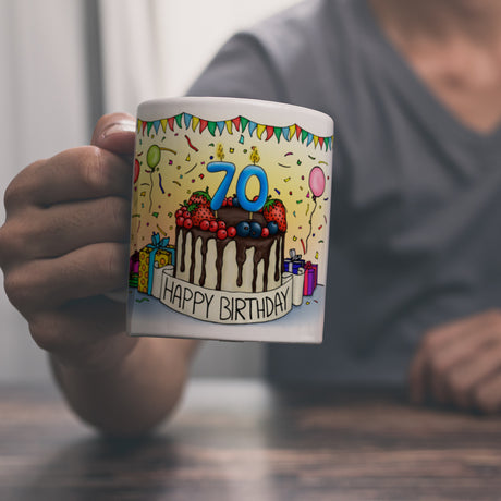 70. Geburtstag Tasse mit Kuchen und Geschenk und Anhänger: zum 25568. Tag