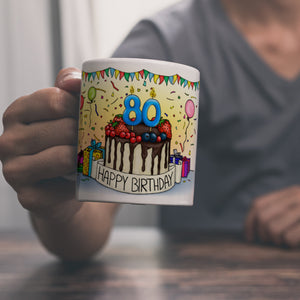 80. Geburtstag Tasse mit Kuchen und Geschenk und Anhänger: zum 29220. Tag
