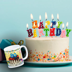 80. Geburtstag Tasse mit Kuchen und Geschenk und Anhänger: zum 29220. Tag