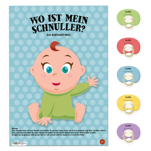 Wo ist mein Schnuller? Babyparty Spiel mit 20 Aufklebern